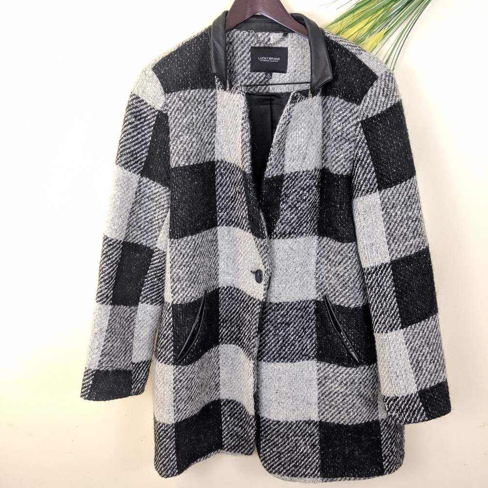 Lucky Brand Black and Gray Plaid Wool Blend Coat